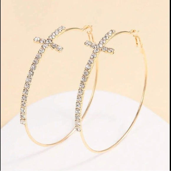 Cubic Zirconia Cross Hoop Earrings - Picture 2 of 6